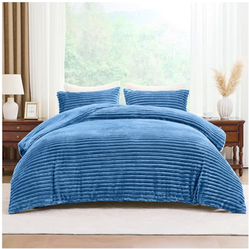 GC GAVENO CAVAILIA Ribbed Fleece Bedding Sets King Size 220x230Cm | Super Soft Polyester King Size Duvet Cover Sets With Pillow Cases | Thermal Warm Cozy Fluffy Winter Quilt Cover Bed Set, Denim Blue