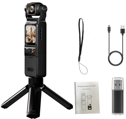 Videocamera tascabile 4K con stabilizzazione touch screen, videocamera sportiva portatile, piccola digitale for vlog su YouTube(With 32G Card,With bracket)