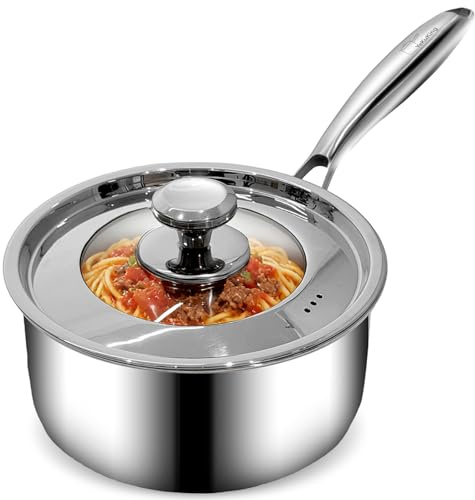YeKuKing 2.5 QT Tri-Ply Stainless Steel Saucepan with Visible Lid Small Pot Sauce Pan for Cooking Milk Noodle Pasta Soup Vegetable, Dishwasher Safe Induction Compatible(Detachable Handle)