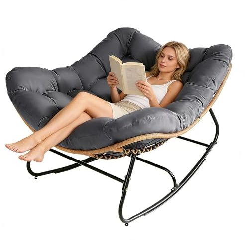 SUNCROWN Oversized Wicker Rocking Chair Indoor Outdoor, 450 LBS Heavy Duty Patio Papasan Egg Chair with Cushion, E-Coated Frame Lounge Rocker for Balcony Porch Garden Living Room (Dark Grey)