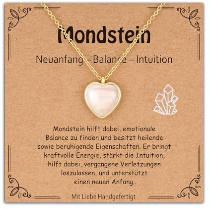 Halora Glücksbringer Anti Stress Halskette Damen, Kristall Heilsteine Kette Herz Glückssteine Edelstein Charms Mondstein Naturstein Schmuck Geburtstags Geschenke für Frauen Mama Gold