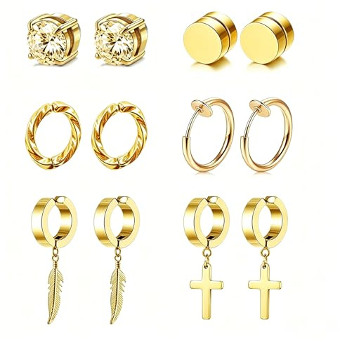 Hinvan 6 Par Set Rostfritt Stål Örhängen Herr Magnetiska Clip Örhängen Utan Hål Kvinnor Flicka Magnet Falska Kors Fjädrar Cirkel Diamant Inte Piercing, Små, Rostfritt stål, Kubisk zirkon