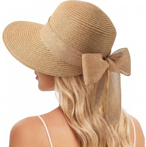Aribliseza Sonnenhut Damen, Straw Beach Hat & Sommer Hut, Strohhut Damen mit UV Schutz, Faltbar Bowknot Sun Hat für Strand & Sommer