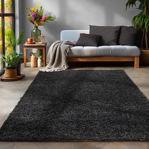SIMPEX Flauschiger Teppich Wohnzimmer Schlafzimmer Läufer Flur Esszimmer Küchenteppich Hochflor Einfarbig Modernes Design 30 mm Florhöhe Kuschelweich, Anthrazit, 160 cm Rund
