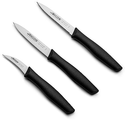 Arcos Set 3 Cuchillos Peladores. 3 Cuchillos Peladores Acero Inoxidable y Mango Ergonómico Polipropileno para Cortar Frutas, Verduras y Tubérculos. Serie Nova. Color Negro.