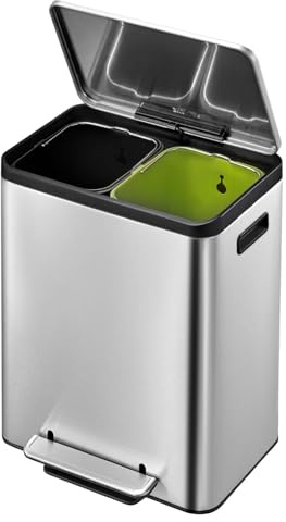 EKO Ecocasa Mülleimer 2 Fächer, 2 x 15 Liter, Tretmülleimer Mülleimer für Küche, Abfalleimer mit Deckel, sanftem Schließen und luftdicht, Mülltrennsystem 2-Fach mit Griff, Edelstahl Matt