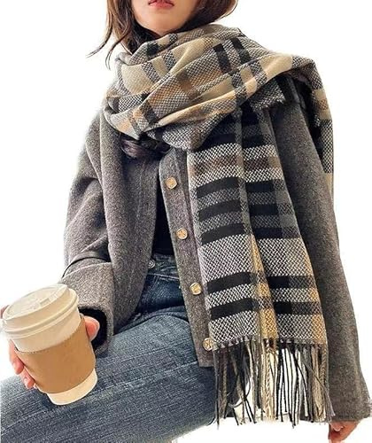 Bakicey Damen Schal XXL Warm Weich Strickschal Karo Winterschal Herbstschal Wolleschal Frauen Deckenschal Halstuch Scarf Poncho Cape