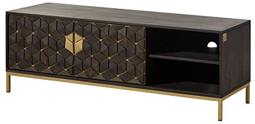 MASSIVMOEBEL24.DE | DIAMOND TV-Board massiv Echtholz Mango 145 cm, grau geöltes Lowboard aus Massivholz mit Kabelführung, 2 Türen, 2 offene Fächer, Push-To-Open, Retro-Look gold Ornamente Eisengestell
