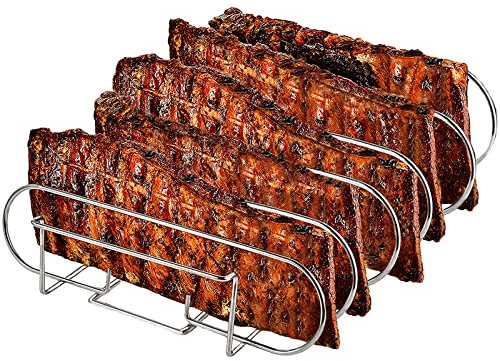 Spareribs Halter Grill – Braten und Rippchenhalter Edelstahl, Aufsatz zur Zubereitung von 5 Spareribs und Braten auf Gas- und Kohlegrill – Backofen- und Spülmaschinengeeignet – 33 x 29 x 8 cm