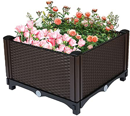 elfinrm Square Raised Garden Bed, Garden Free Splicing Planting Box Outdoor Indoor Planting Container Stylish Rattan Pattern Set of 1, Brown