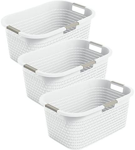 Rotho Country Wäschekorb 3er-Set 40 L mit Griffen Rattan-Optik Creme-Weiß | Laundry Basket, Wäschekörbe im 3er-Set, weiche Tragegriffe, Rattan-Optik, Luftlöcher auf allen vier Seiten, platzsparend