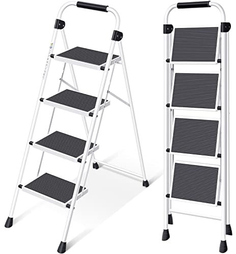 KINGRACK Scaletta Pieghevole a 4 gradini, Scala in Acciaio con Corrimano, Pedali Antiscivolo e Larghi, Resistente, Sgabello per Adulti, Casa, Cucina, Ufficio, Bianco