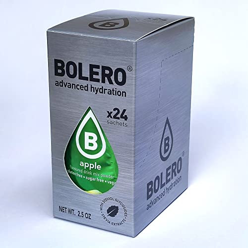 Bolero Drink 24 Bolsitas 3 gr gramos Palillos Frutas Preparado Polvo Soluble para Bebidas Frescas en Agua Producto, 72 gramos Edulcorado con Stevia (Apple)