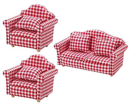 3 Stück Puppenhaus Sofa Couch Möbel Im Maßstab 1:12 Rot Und Weiß mit Kissen