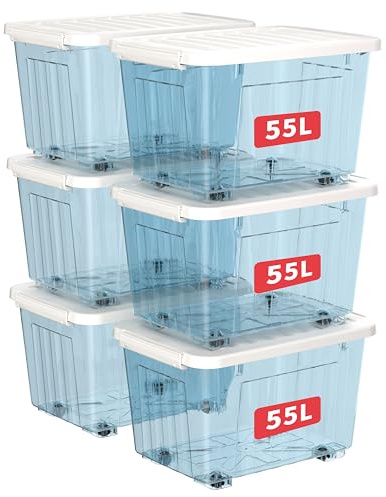 Cetomo 55 L x 6 förvaringslådor med hjul, plastförvaringslåda med lock, spärrspännen, klickstängning, stapelbar, kapsling, hållbar organisatör för hemmakontorskläder, klarblå, 55 L-6-pack