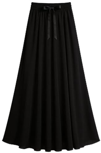 Awlsyj Half Skirt A Line Long Casual Bohemia Boho Palm Flower Printed Drawstring Elastic Waist Skirt with Pocket (Black)