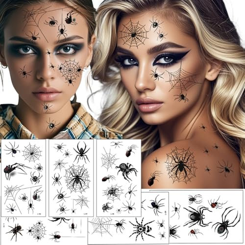 Halloween Spinnen Tattoo, 100Stk Temporäre Schwarz Tattoos, Gesichtstattoo Spinnweben Klebetattoos für Halloween Karneval Masquerade Fasching Party
