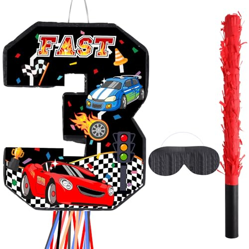 Harrycle Race Car Piñata Pull String Cars Piñatas for Birthday Party Decorations Number 2 3 4 5 6 with Blindfold Stick Small Red Black Racing Theme 2nd 3rd 4th 5th 6th Party Supplies(Number 3)