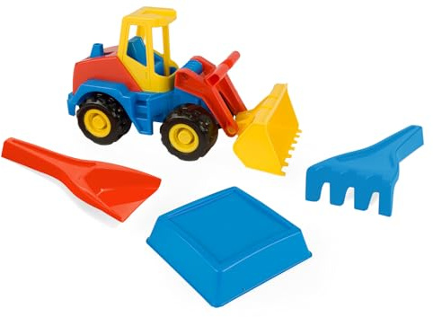 Wader 70422 - Tech Truck Bagger mit Sandspielzeug Set, Lader, Schaufel, Rechen und Sandform, 4-teilig, für Kinder ab 12 Monaten, geeignet als Geschenk für kreatives Spielen