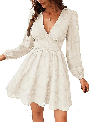 CUPSHE Abito in pizzo da donna Scollo a V Bottoni Manica lunga Pizzo floreale Linea ad A Abiti casual Elegante Miniabito da festa Avorio XL