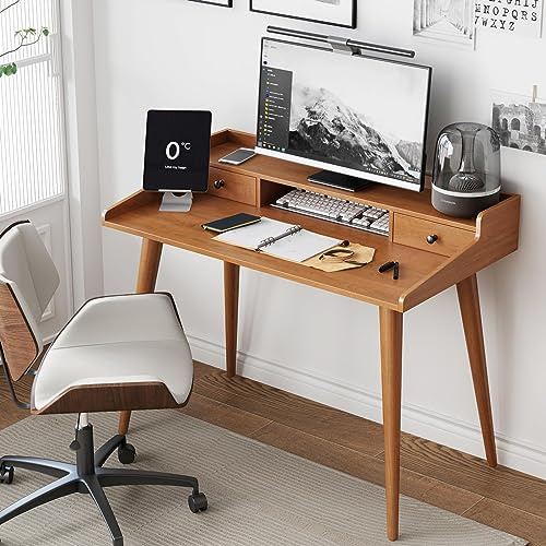Ucerna Mid Century Modern Desk, 41 Wood Home Office Writing Computer or Laptop Desk with Monitor Stand Riser and Open Storage Cubby, Vanity Desk with 2 Drawers