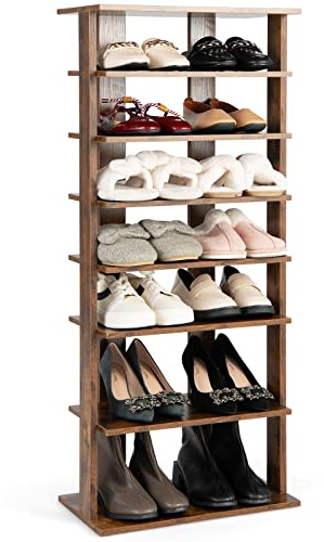 GIANTEX Schuhregal schmal und hoch, Schuhschrank Regal Holz 8 Ebenen, Schuhständer Schuhablage vertikal, Schuh-Organizer platzsparend, Holzregal Standregal Lagerregal Eckregal Rustikalbraun