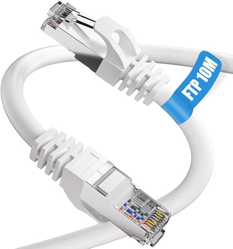 ikbc Câble LAN de 10 m, câble réseau Cat 6 10 m FTP blindé, câble Ethernet RJ45, câble Internet haut débit blanc 23 AWG avec 10 colliers de serrage, pour routeur, modem PC