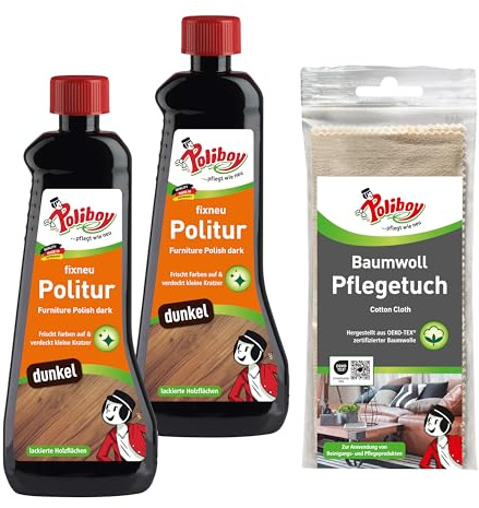 POLIBOY fixneu Politur dunkel - Möbelpolitur für dunkle lackierte Hölzer - farbauffrischende Holzpolitur - 2x 500ml - Mit Baumwolltuch - Made in Germany
