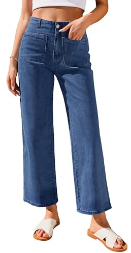 GRAPENT Wide Leg Jeans for Women High Waisted Straight Leg Stretchy Cropped Denim Pants with Pockets Jean Trousers Color Darkness Blue Size L Large Size 12-14