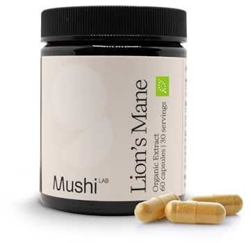 Lion's Mane Mushroom Mushi LAB - Premium Organic Löwenmähne Extract - Gedächtnis- und Konzentrationsförderung - Natürliches veganes Lion's Mane Mushroom Supplement - Löwenmähne Pilz