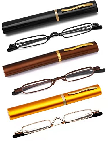 OWTXIS 3 Pack Mini Slim Pen Reading Glasses - Compact Readers with Pen Clip Case Spring Hinge Metal Frame Eyeglasses (Black, Brown, Gold, +1.50)