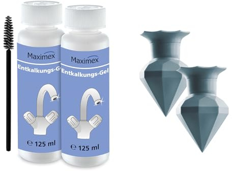 Maximex Entkalkungsset, 4-teilig, effektives Gel mit Reinigungsbürstchen entfernt Kalk, besonders sparsam im Verbrauch, 2x125ml, 2 Entkalkerballons für Wasserhähne, löst Kalk gründlich, grau