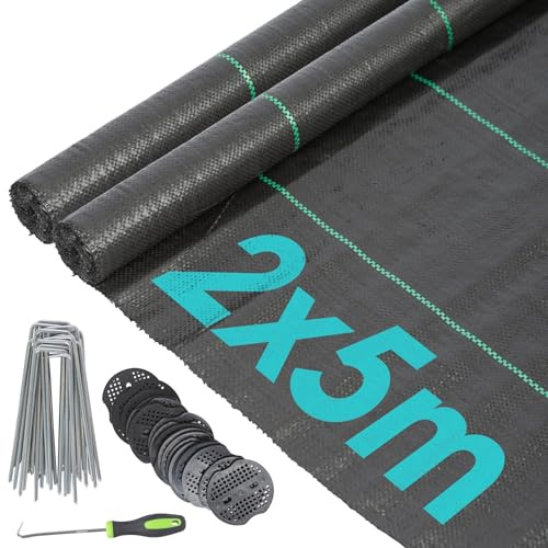 Harbour Housewares 110gsm Weed Control Membrane with Pegs & Plates - 2 Rolls of 2M by 5M each - Black Heavy Duty Weed Control Fabric Barrier Ground Cover for Garden, Patios, Flower Beds, Landscaping