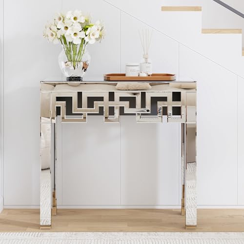 SHYFOY Konsolentisch, Konsolentisch Silber aus MDF und Spiegel, Glas Konsolentische fürs Wohnzimmer, Console Table, einfacher Aufbau, für Wohnzimmer, Eingang, Flur
