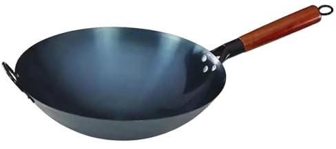 YWJLQH Wok Pan Sartén Antiadherente Fondo Plano Material de Hierro Mango de Madera sin Recubrimiento Adecuado para Cocina Doméstica Estufa de Inducción, 30cm con Orejas
