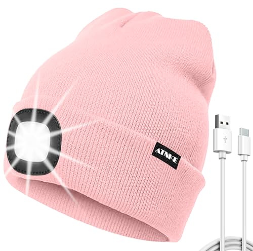ATNKE LED Mütze mit Licht, USB Typ C Wiederaufladbare 4 LED Beleuchtete Laufmütze Extrem Heller Lampe Winter Warme Stricken Mütze für Herren und Damen Geschenke
