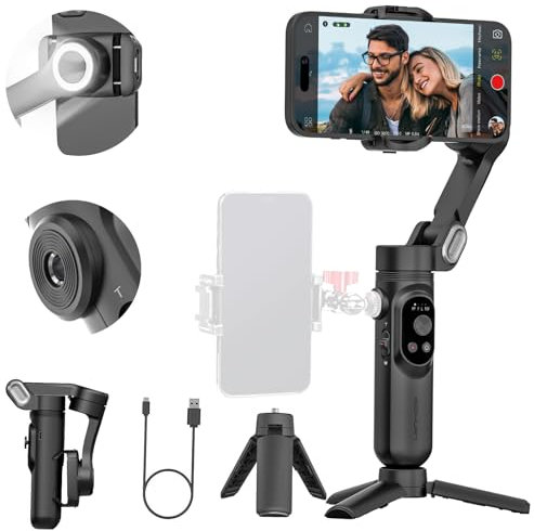 AOCHUAN 3-axis Phone Gimbal Stabilizer for iPhone 15/14/13 Pro Max Android w/Face Tracking,1/4Threads,Built-in Fill Light, Portable Smartphone Gimbal Video Recording for TikTok,YouTube-Smart X Black