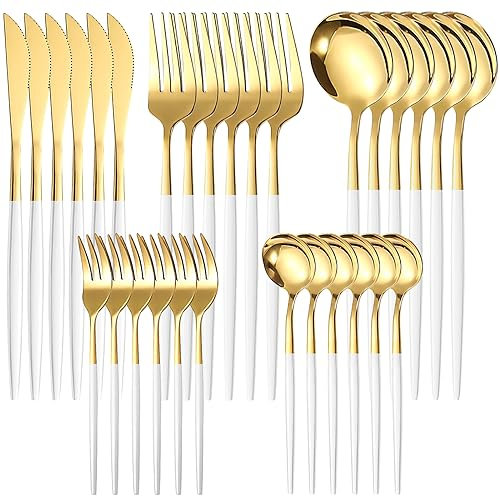 30 Piece Gold Cutlery Set - Stainless Steel Silverware Set - White Handle Knife Fork Spoon Set - Elegant Life Dinner Setfor 6 People - Tableware Set - Flatware Silverware Set - Dishwasher Safe