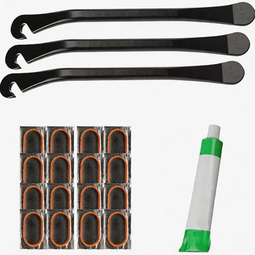 GOWTX 3Pcs Metal Bike Tyre Levers, Bicycle Tyre Change Tool with Repair Kit | Steel Core Bike Tyre Levers with 6 Patches Repair Kit, Dual-Ended Bicycle Tube Removal Tool, Portable for Mountain Road Cycle