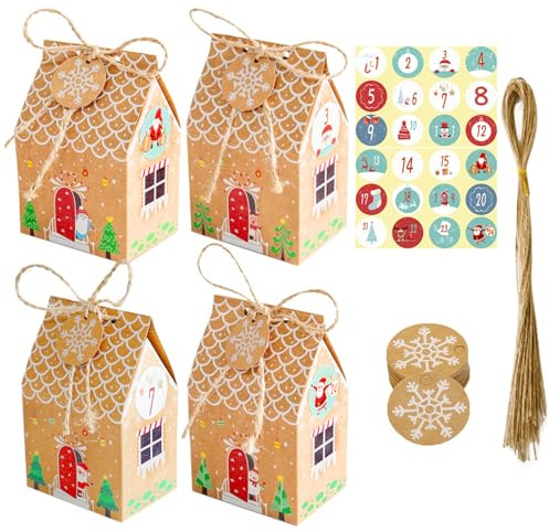 24 Stück Weihnachten Party Geschenkboxen, Kraftpapier Keks- und Süßigkeitenbox, Mitbringsel Taschen, Geschenk Papiertueten für Partydekorationen