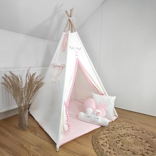HOMECHIC Tipi Teepee Kinder Spielzelt mit Spielzeugkorb Creme/Rosa Premium aus Baumwolle Minky mit doppelseitige Bodenmatte 3 Kissen 110x110x150 cm
