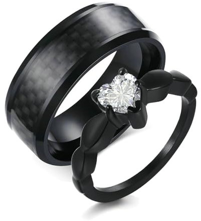 Beydodo Freundschaftsringe Paar Edelstahl, Hochzeit Ringe Herz Zirkonia und mit Kohlefaser Eheringe Partnerringe Personalisiert Damen Gr.55 (17.5) + Herren Gr.65 (20.7)