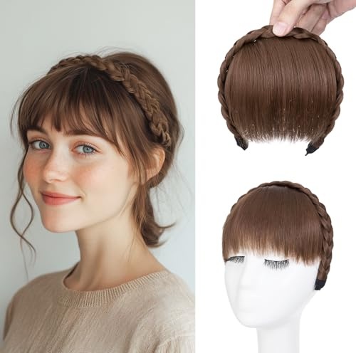S-noilite Stirnband mit Pony Fransen, Front Haar Pony Perücken Stirnband, Synthetische geflochtene Haarverlängerungen Haarteil,Hellbraun