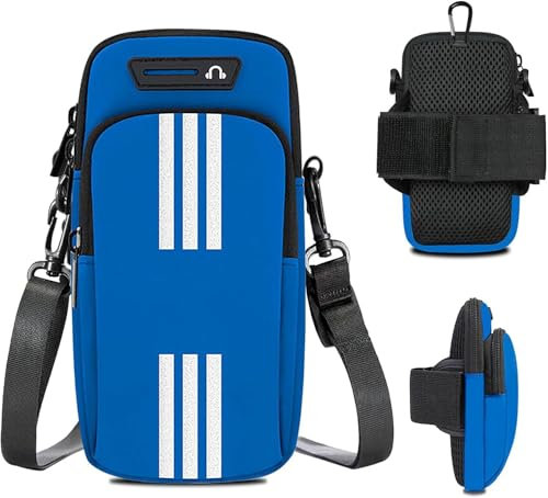 Tasche da braccio per cellulare, Fascia Braccio Running, Fascia Braccio Smartphone Portacellulare, Porta Cellulare per Correre, con jack per cuffie e due tasche per correre, allenarsi(blu)
