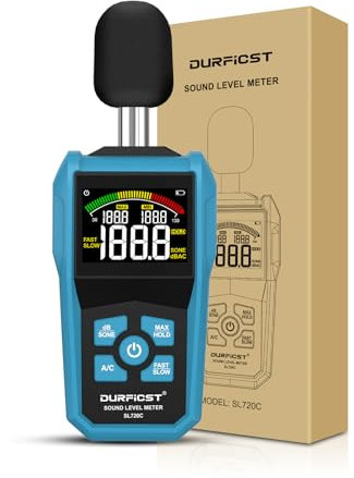 Dezibel Messgerät, DURFICST Schallpegelmessgerät mit LCD-Farbbildschirm, 30–130 dB,DB Messgerät mit A/C-Gewichtung, Datenspeicherung, MAX/MIN, dB/SONE-Einheit, FAST/SLOW Reaktion