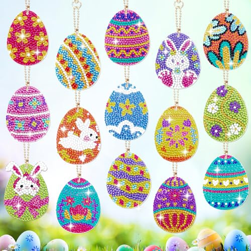 YMIFEEY 15 Stück Diamond Painting Ostern Osterei Set, Diamant Painting Kinder Frühling, Diamond-Painting Schlüsselanhänger, Diamant Malerei Anhänger Ostern Bastelset DIY GeschenK (Ostereier)