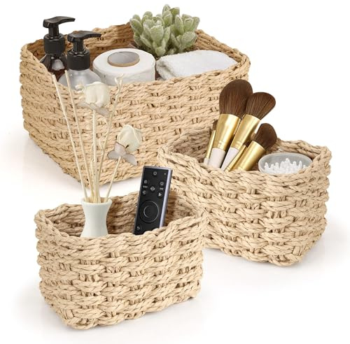 Aramanara 3 Pcs Woven Storage Baskets for Shelves, Wicker Hamper Basket | Rectangle Paper Rope Nesting Bathroom Basket for Shelves Cupboards Drawer Closet Dresser(2 Sizes)