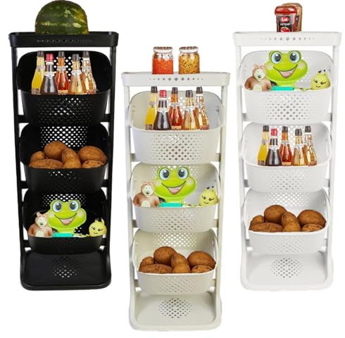 A406 3-Tier Kitchen Storage Rack, Plastic Stackable Vegetable Organiser with Mesh Baskets, Storage Baskets for workshope. Storage Rack for Bathroom Black, Beige and White Colour (Black)