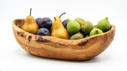 Cleminson Bol à fruits ovale en bois d'olivier sculpté à la main - Design rustique et unique - Grain naturel - Trois tailles disponibles (grand)
