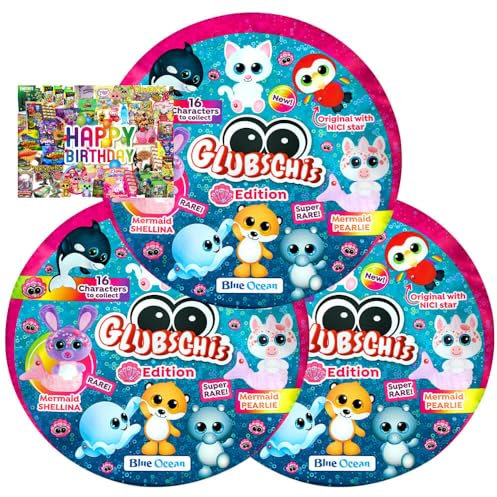 STRONCARD Bundle mit Blue Ocean Glubschis Sammelfigur Muschel Serie 4 - Glubschi Glitzer Figur - Auswahl - Exklusive Geburtstagskarte (3 Tüten)